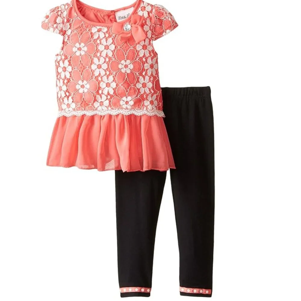 NEW Little Lass 2 Piece Set Outfit Textured Coral Lace Ruffled Top Leggings Pant - Picture 2 of 4